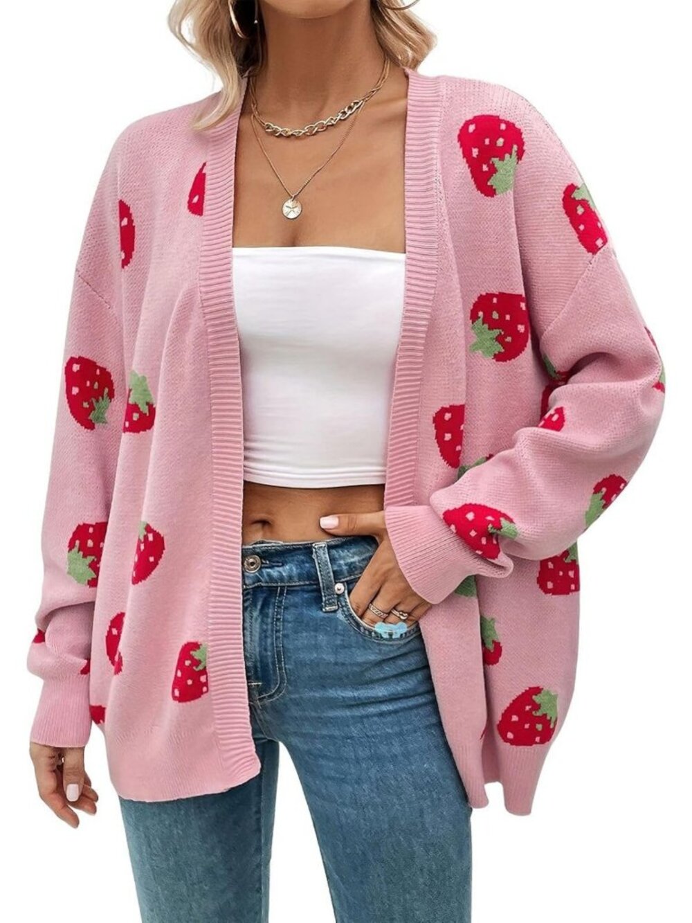 Kawaii Strawberry Knit Cardigan - Long Sleeve Open Front Loose Slouchy Sweater